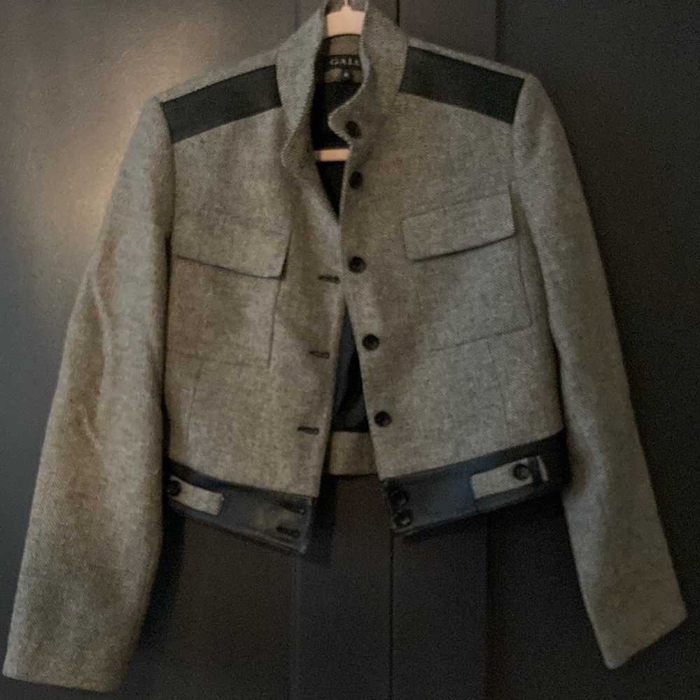 GAIA Wool and Leather Houndstooth Cropped Jacket